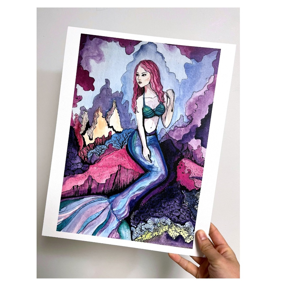 Mermaid Seascape Watercolor Art Print 11"x14"